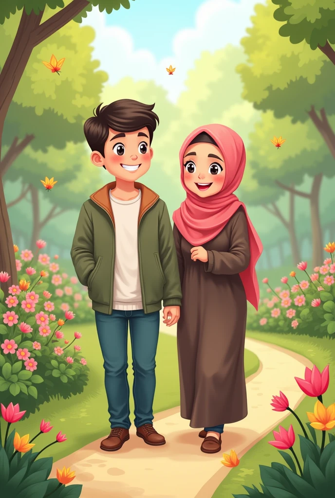 man and women with hijab cartoon with shoes walk at garden happily. Not holding hand