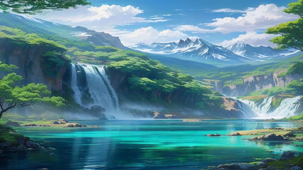 a painting of a waterfall in a forest with a mountain in the background, waterfalls and lakes, anime nature, ross tran. scenic background, waterfalls in the background, anime nature wallpap, with trees and waterfalls, beautiful anime scenery, lakes and waterfalls, with waterfalls, anime scenery, floating waterfalls, with waterfalls and river, magnificent background, beautiful anime scene
