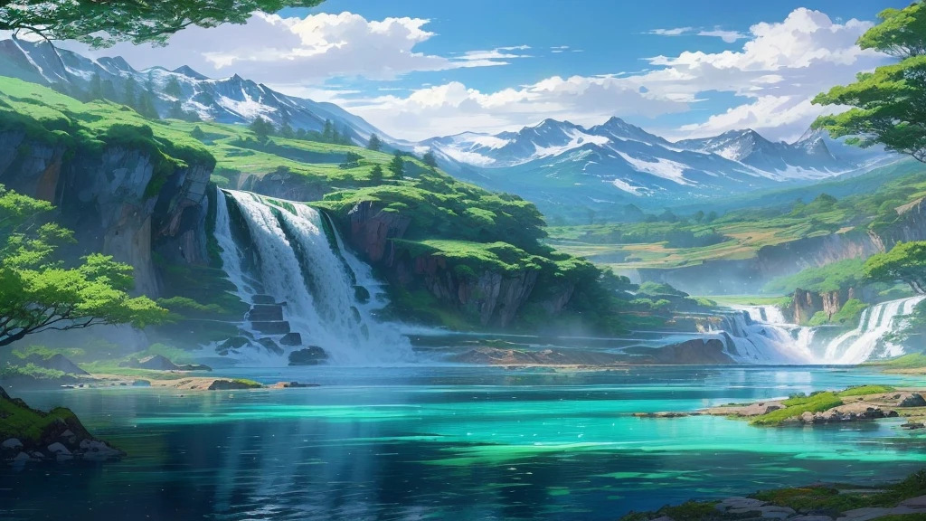 a painting of a waterfall in a forest with a mountain in the background, waterfalls and lakes, anime nature, ross tran. scenic background, waterfalls in the background, anime nature wallpap, with trees and waterfalls, beautiful anime scenery, lakes and waterfalls, with waterfalls, anime scenery, floating waterfalls, with waterfalls and river, magnificent background, beautiful anime scene