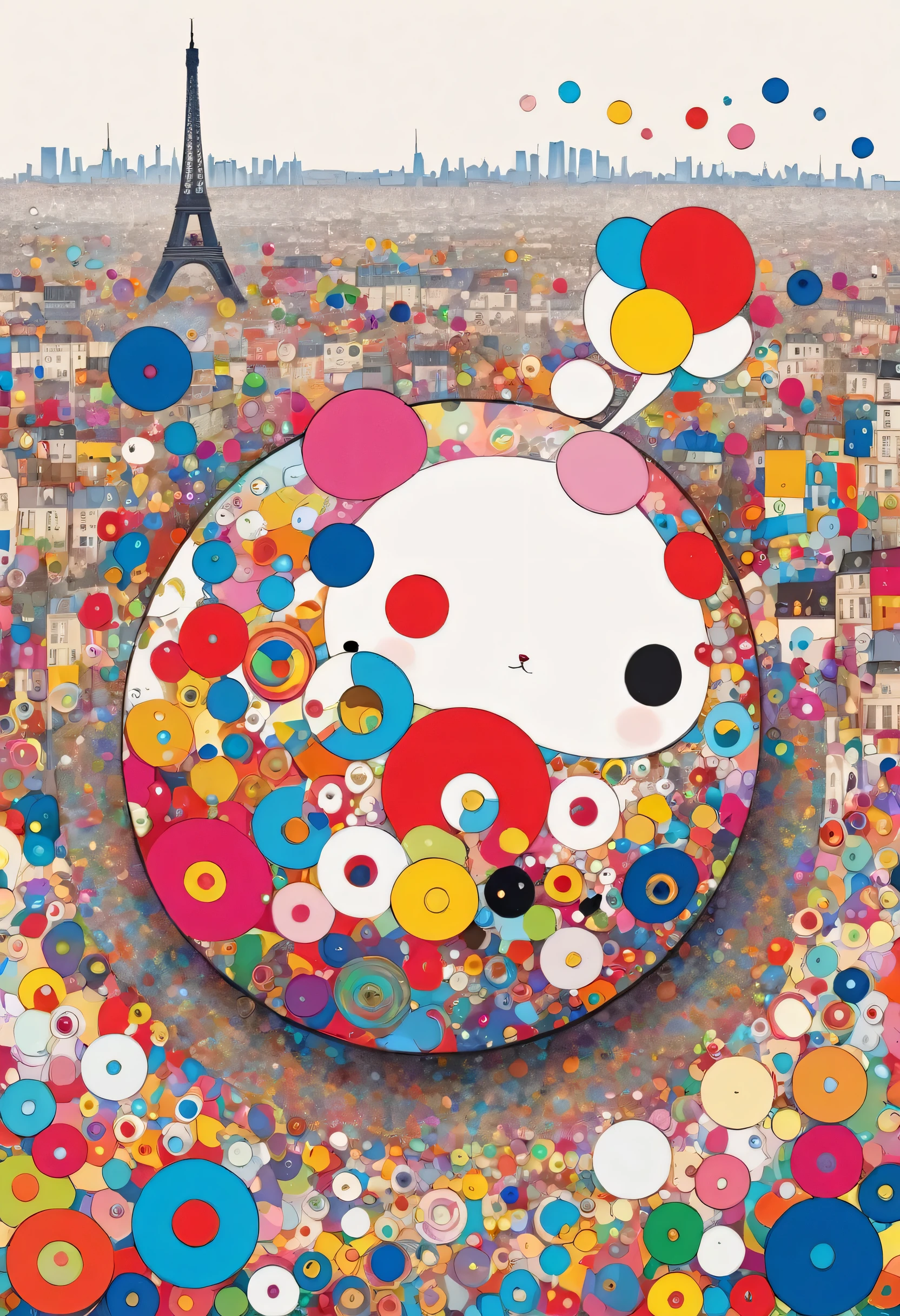 Takashi Murakami colorful style, Simple Line Initialism，Abstract art，(((Paris cityscape))), (((No people)))