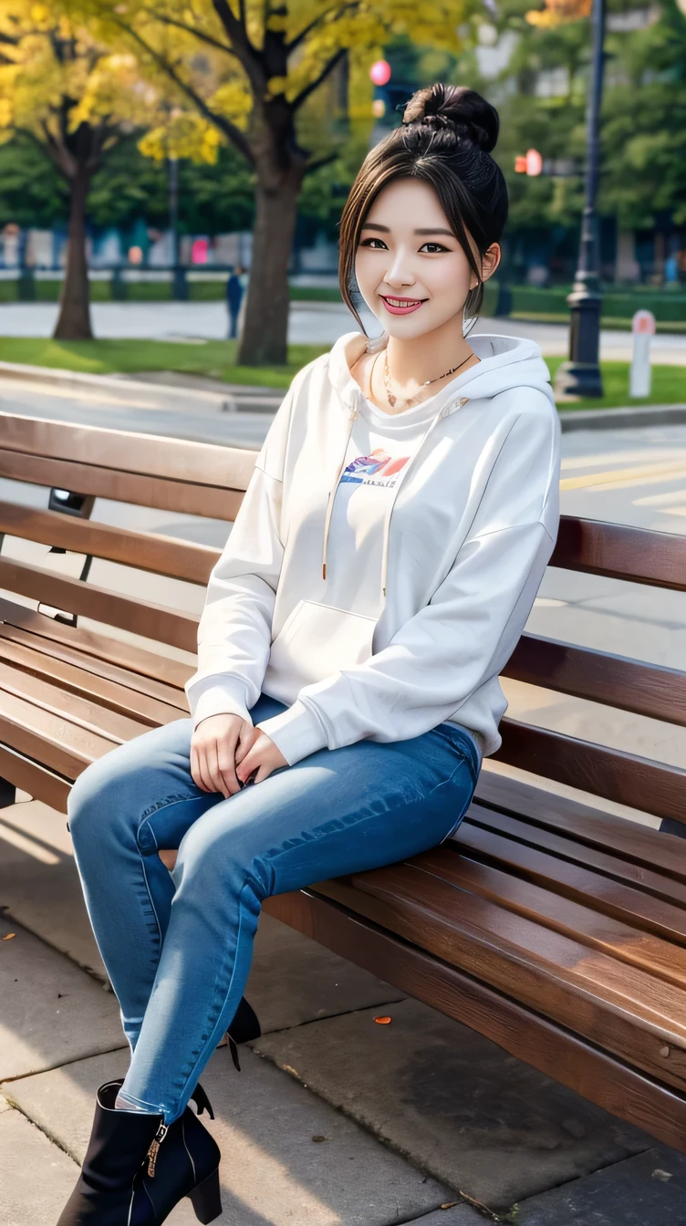 Super Resolution、Beautiful Korean Women、Full body photo、sitting on a park bench、Black Hair、Hairstyle bun、ear piercing、necklace、hoodie、Skinny jeans、boots、smile、Beautiful teeth alignment