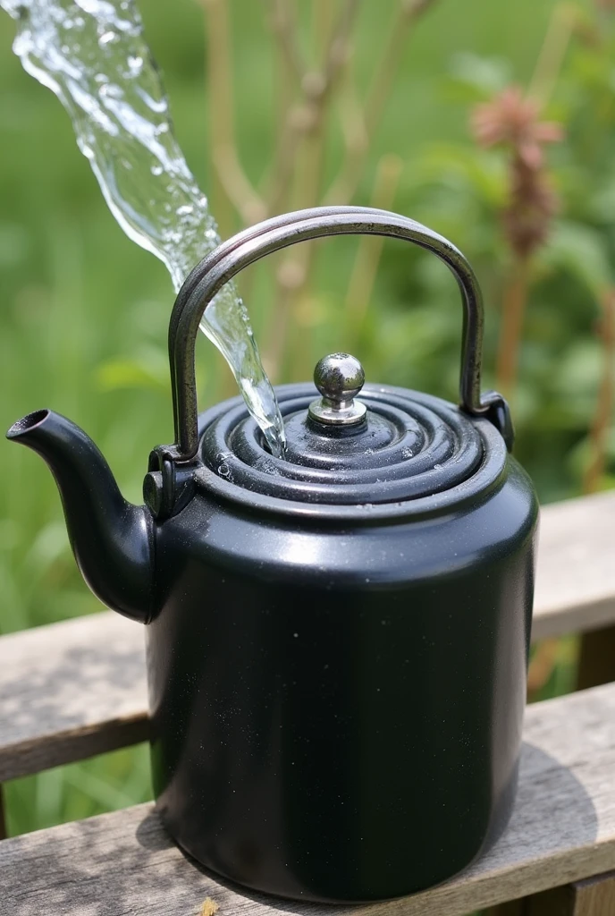 Generate me an image of a homemade kettle, ecological and solar, Imagine a square that has a spiral inside., That's the solar panel, Then imagine a black plastic container that acts as a water container., Now imagine a hose connecting the container to the solar panel.