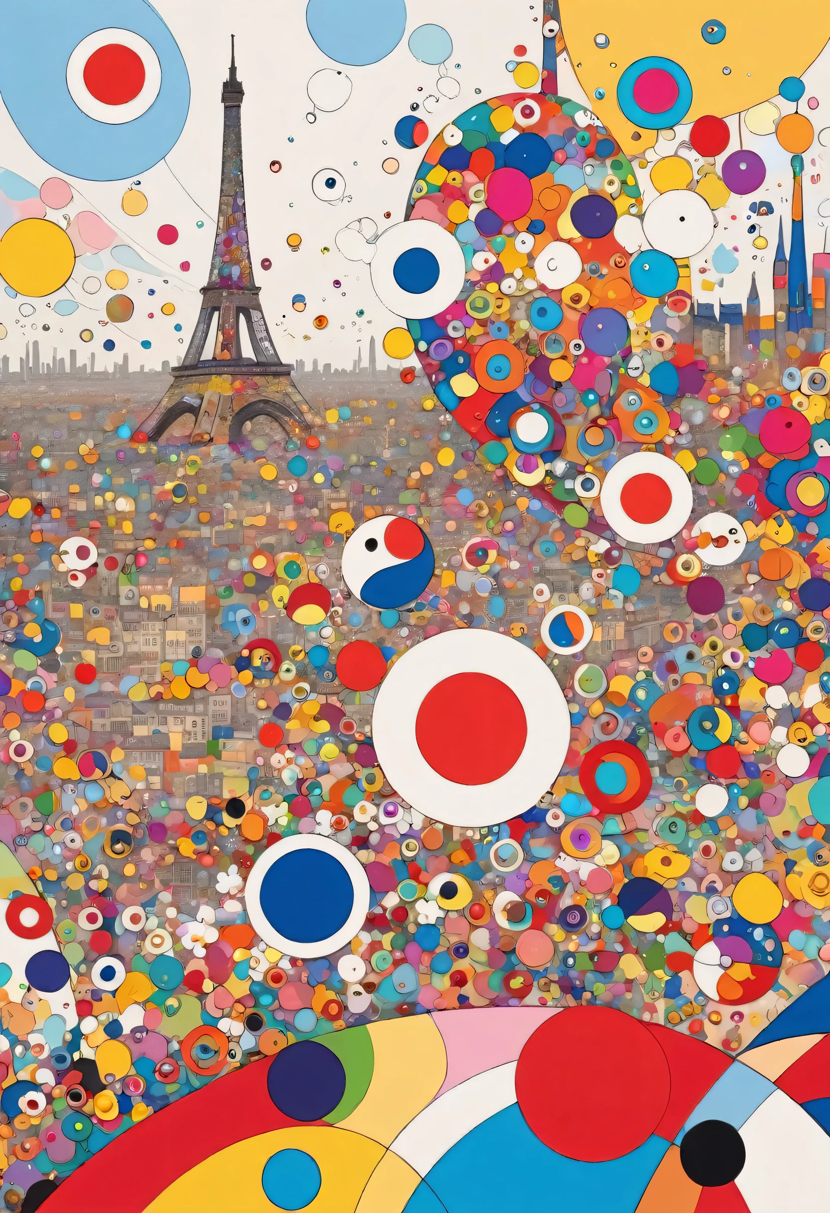 Takashi Murakami colorful style, Simple Line Initialism，Abstract art，(((Paris cityscape))), (((No people)))