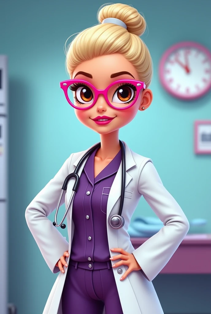 Barbie cartoon style, intimidating look, brown eyes ,round face ,female doctor with pearly blonde hair  ,combed a bun with, White coat, a dark purple medical pajama ,pink thin frame glasses ,