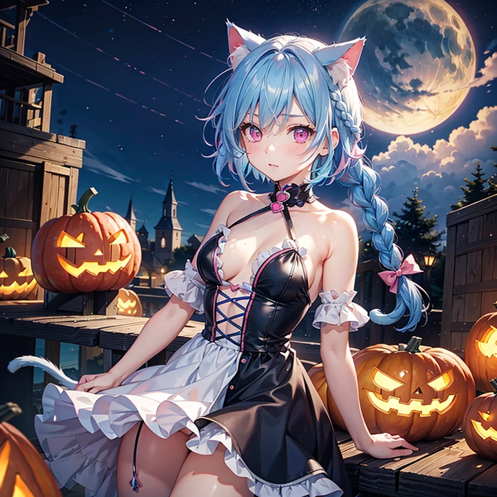 (Sky blue hair),(Braided short hair), (Pink Eyes),Fair skin) ,(whole body),(One Girl),(There are lots of pumpkin ghosts in the background),Cat ear,Cat&#39;s Tail,(Sailor suit),(Bruises and ugly faces),(Fall into Darkness),If you don't give me sweets, I'll play a prank on you.),(Halloween Night Party),(masterpiece, Highest quality, Very detailed, Best Shadow), (Detailed Background), (Beautifully detailed face), High Contrast, (Best lighting, Very delicate and beautiful), ((Cinematic Light)), Hyper Detail,8k, Dramatic Light, Intricate details,night,(Bats flying in the background),High quality