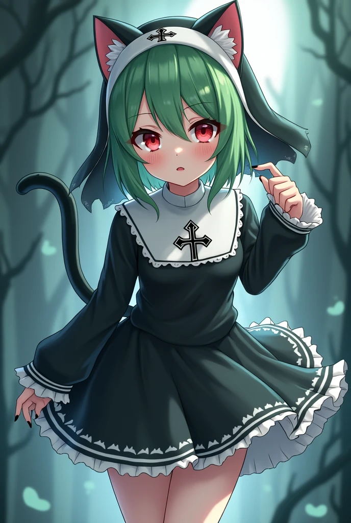 Believe me, an anime girl who wears cat ears, a tail, green hair, a nun's dress, and red eyes.