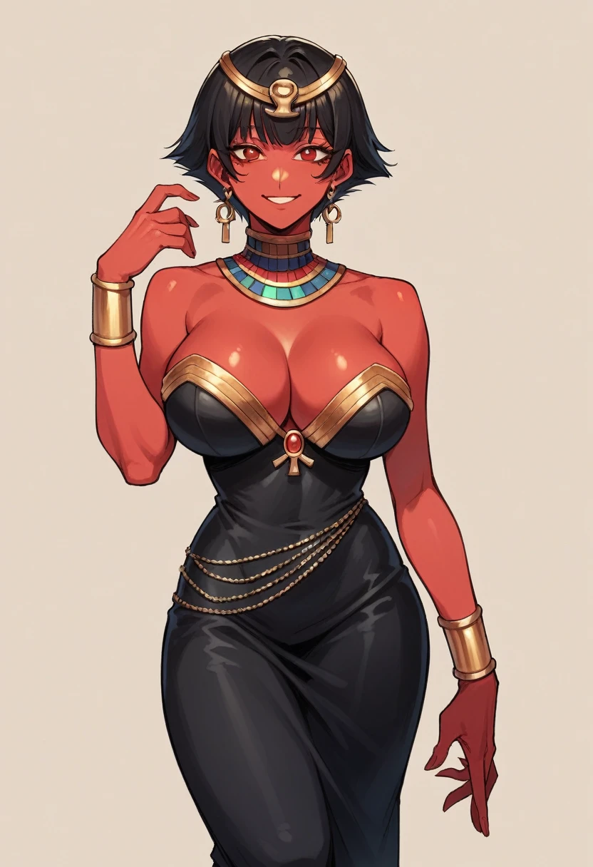 mature woman,red skin, Short reddish black spiky hair, black Egyptian dress with gold details neckline, smiling,red eyes,Big breasts ,Black Ensjs 90s anime style