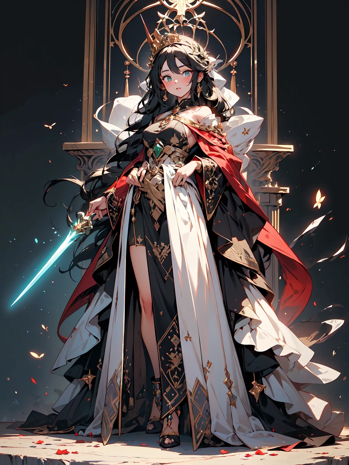 (((masterpiece, best quality, high detailed, 16k))) (1girl) A regal queen with long, flowing black hair adorned with a golden crown, and striking emerald eyes. She is dressed in a luxurious gown of deep red and gold, with intricate embroidery and a long, flowing cape. In her hand, she holds a scepter topped with a large, glowing ruby. Her expression is one of authority and wisdom. ((full body view))