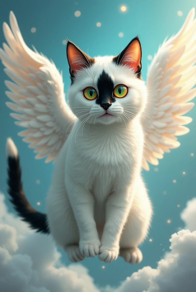 a white cat, black tail with white tip, It has a large black spot that runs from the forehead down to the tip of the nose.. his nose is black. He also has a black mole above the right side of his mouth., Saying goodbye entering heaven. The cat that has wings. His eyes are between green and yellow. An angelic image. The spot on his face is big. 