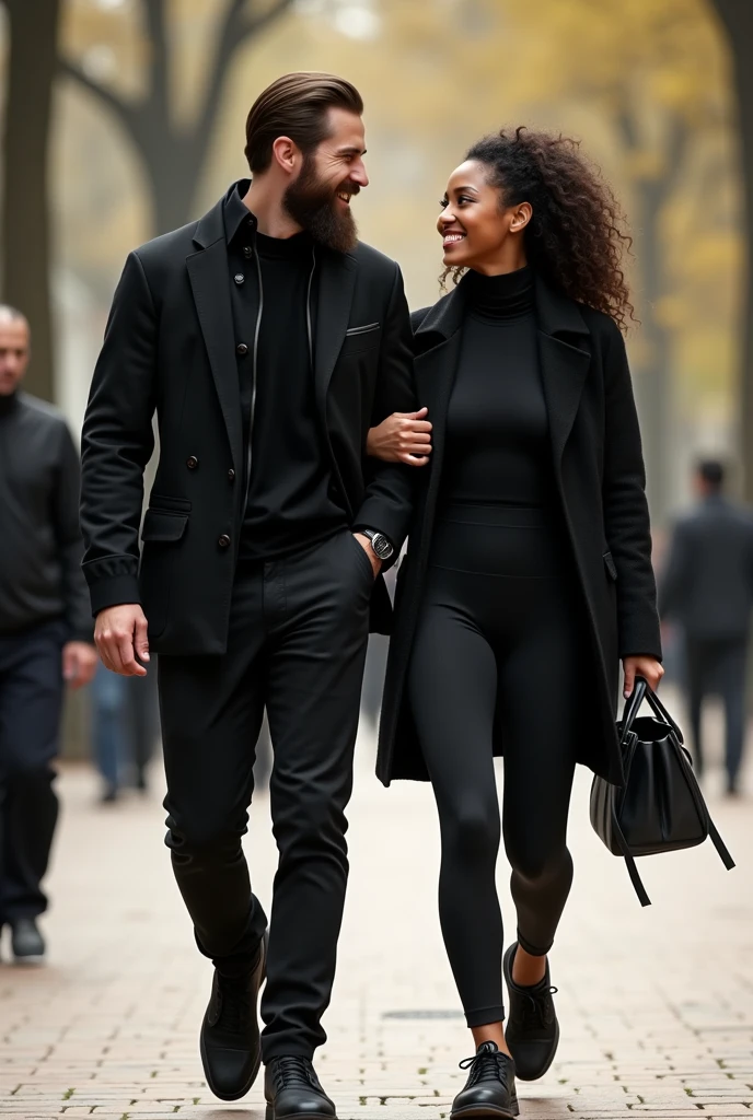 A man of 1,80 tall, brunette skin, barba, straight hair and striking eyebrows dressed in black and a woman of 1,70, skin black, curly hair, smile and look dressed in black taking a walk in gym clothes