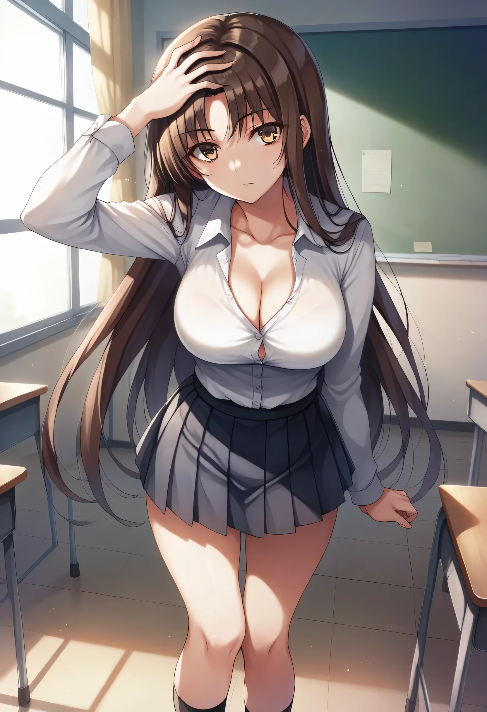 Ayanokouji Kiyotaka change to girl, youkoso jitsuryoku shijou shugi no kyoushitsu e, tomose shunsaku, 1girl, solo, highres, dutch angle, very long hair, brown hair, brown gold eyes, bangs, parted bangs, expressionless, closed mouth, large breasts, cleavage, collarbone, white shirt, buttons, pleated skirt, looking at viewer, hand on own head, arm up, standing, thighs gap, legs, classroom, broad daylight, desk, window, masterpiece, best quality, best quality, Amazing, beautiful detailed eyes, finely detailed, depth of field, extremely detailed CG unity 8k wallpaper, full body