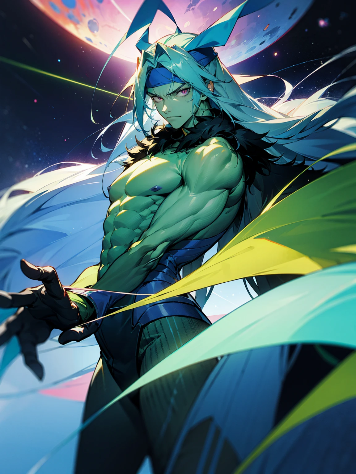 1male, green skin, antennae, long blue hair, headband, super suit, oversized fur coat, serious, muscular, four arms, space ship