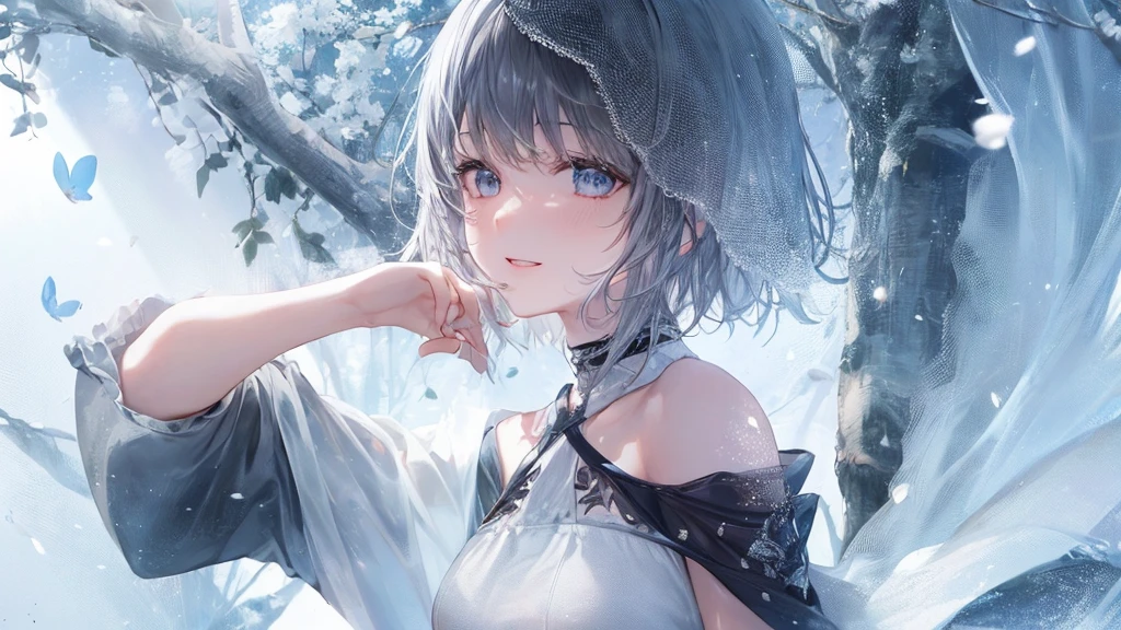Ultra HD,Look at the viewers, Place your hands behind your back, With a girl, 20-year-old, 非常にshort hair, Long bangs between the eyes, Pale blue eyes, Very detailed,(masterpiece、Highest quality),Gray Hair、Laughter、wonderful, Silver Hair, iris, short hair、 Fluttering Hair、Small face、明るいsmile、(Detailed face) ,Professional Lighting,wonderful風景,blue sky, sunlight,Looking down from above,Portraiture、Open your mouth、Flower Field、Her eyes were shining、Mysterious and enchanting atmosphere。With AI Painting、とてもshort hair, Long bangs between the eyes, Very detailed,(masterpiece、Highest quality)、alone、Gray Hair、Fantasy, Silver Hair, Fantasyな風景、smile、Open your mouth、short hair、short hair、hairpin、black eye、Grey Eyes、Beautiful Eyes、Black Shirt、White hoodie