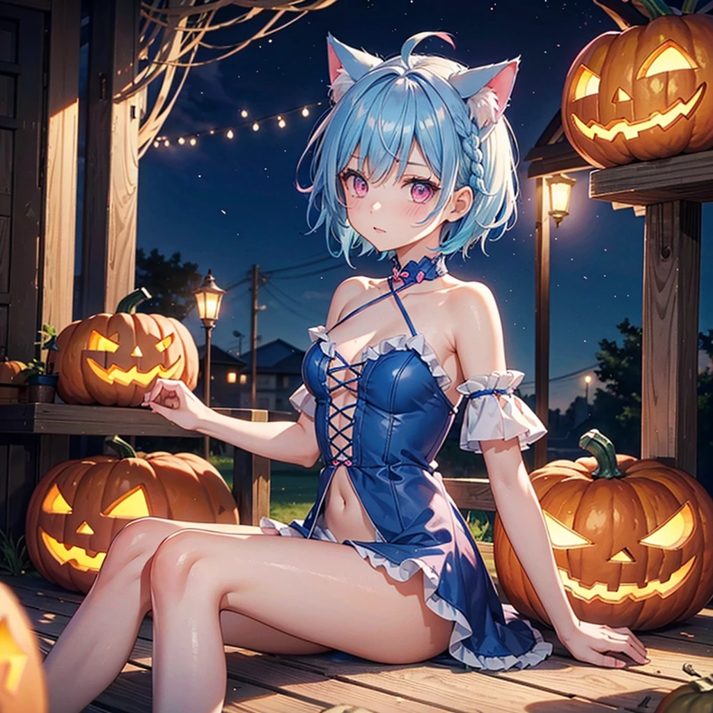 (Sky blue hair),(Braided short hair), (Pink Eyes),Fair skin) ,(whole body),(One Girl),(There are lots of pumpkin ghosts in the background),Cat ear,Cat&#39;s Tail,(Sailor suit),(Bruises and ugly faces),(Fall into Darkness),If you don't give me sweets, I'll play a prank on you.),(Halloween Night Party),(masterpiece, Highest quality, Very detailed, Best Shadow), (Detailed Background), (Beautifully detailed face), High Contrast, (Best lighting, Very delicate and beautiful), ((Cinematic Light)), Hyper Detail,8k, Dramatic Light, Intricate details,night,(Bats flying in the background),High quality