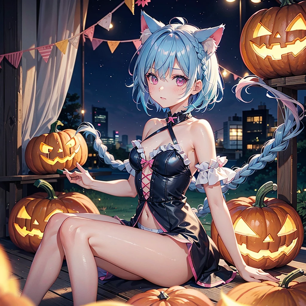 (Sky blue hair),(Braided short hair), (Pink Eyes),Fair skin) ,(whole body),(One Girl),(There are lots of pumpkin ghosts in the background),Cat ear,Cat's Tail,(Sailor suit),(Bruises and ugly faces),(Fall into Darkness),If you don't give me sweets, I'll play a prank on you.),(Halloween Night Party),(masterpiece, Highest quality, Very detailed, Best Shadow), (Detailed Background), (Beautifully detailed face), High Contrast, (Best lighting, Very delicate and beautiful), ((Cinematic Light)), Hyper Detail,8k, Dramatic Light, Intricate details,night,(Bats flying in the background),High quality