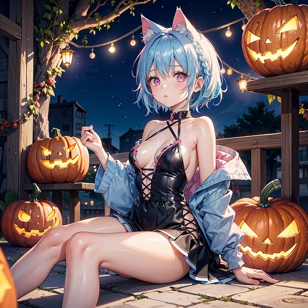 (Sky blue hair),(Braided short hair), (Pink Eyes),Fair skin) ,(whole body),(One Girl),(There are lots of pumpkin ghosts in the background),Cat ear,Cat&#39;s Tail,(Sailor suit),(Bruises and ugly faces),(Fall into Darkness),If you don't give me sweets, I'll play a prank on you.),(Halloween Night Party),(masterpiece, Highest quality, Very detailed, Best Shadow), (Detailed Background), (Beautifully detailed face), High Contrast, (Best lighting, Very delicate and beautiful), ((Cinematic Light)), Hyper Detail,8k, Dramatic Light, Intricate details,night,(Bats flying in the background),High quality