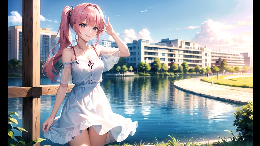 ((Masterpiece、Highest quality、There is only one woman、Frame In、High resolution))、Pink Hair、Side ponytail hair、Chiffon skirt、East Side、Sandy Beach、Horizontal line、blue sky、Off-the-shoulder shirt、Checkered clothing、university student、smile、Cowboy Shot