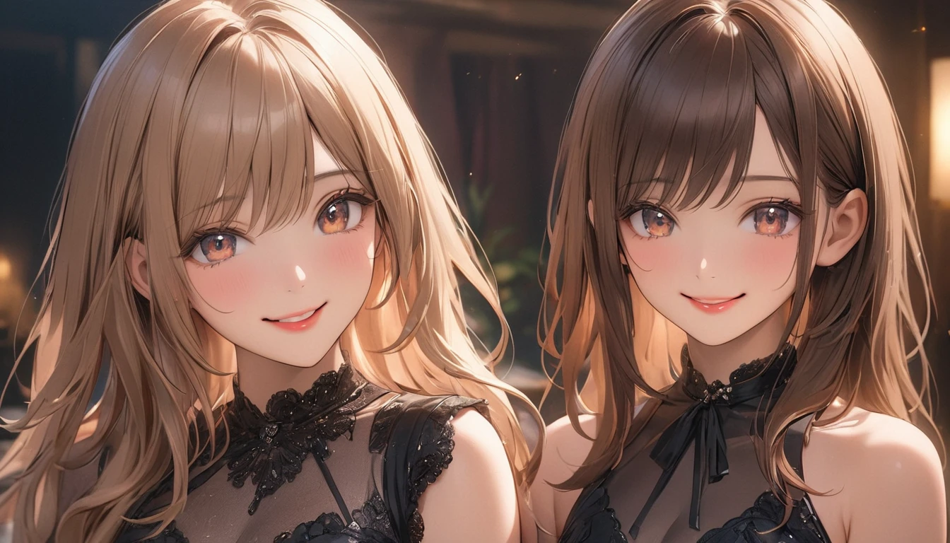 Straight hair, brown hair, ((Very detailed semi-transparent sexy black dress)), looks about ************, (2 beautiful girls: 1.3), 2 girls, (smiling) Best quality, 8K, Highly detailed CG unit wallpaper, Masterpiece: 1.2, Best quality, Ultra high resolution, RAW photo, Realistic textured skin, Cinematic lighting, Happy, Big eyes, Detailed eyes, Glossy lipstick, Perfect makeup, Ultra high definition beauty face, Luxury love hotel bed, Sensual, (Big, Round and beautifully shaped butt), (Sitting on bed), (Hugging knees), (Toes open) (((Panties digging in))),