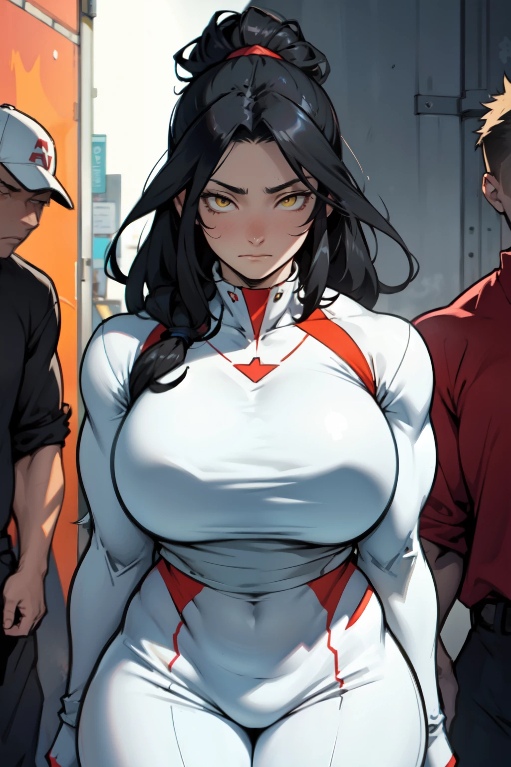 muscular girl muscular girl muscular girl thick thick thick breasts breasts breasts massive hair black hair yellow eyes pale skin solo sharp focus embarrassed 