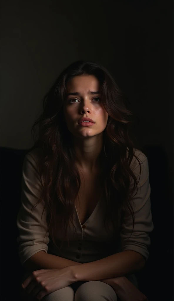 Design a photorealistic image of a young Caucasian Christian woman influencer in her mid-20s. She has long, wavy brunette hair and deep brown eyes filled with tears. She’s seated in a dimly lit room, looking in front with a sorrowful, almost hopeless expression, as if pleading for mercy. Her hands rest on her lap, and her posture reflects a sense of weariness. The background is simple and shadowy, with faint light filtering in, symbolizing the glimmer of hope she seeks. Her facial expression should convey the pain of confession and the yearning for redemption.
