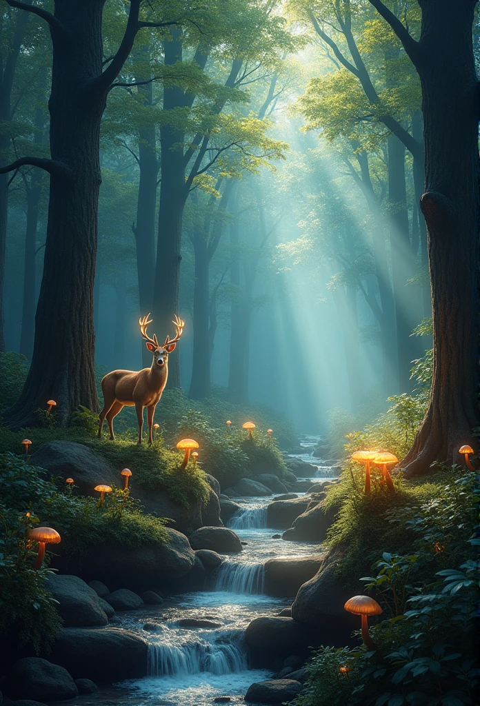 (Enchanted Forest 7,Magical creatures,(glowing mushrooms),sparkling waterfalls,fantasy,Leonora Carrington,a fantasy forest,Hazy perspective,sunlight filtering through the trees,(Glowing sika deer),Rich in color,distribution,light and shadow effect,k hd,tmasterpiece,Detailed details,depth of fields 32K UHD