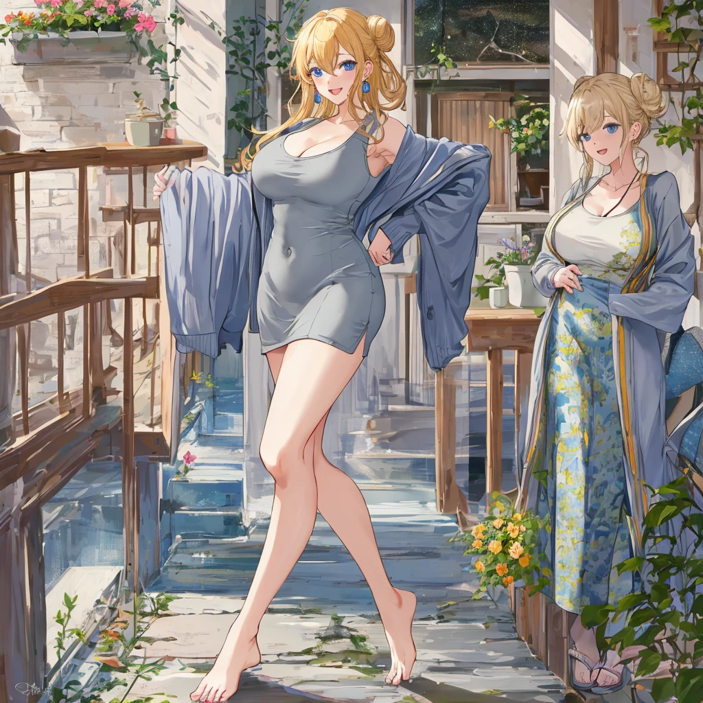 nami, best quality, masterpiece, ultra-detailed, high quality, highres, 1girl, mature female, blonde hair, hair bun, blue eyes, earrings, beautiful, beautiful and perfect face, smile, open mouth, looking at viewer, (tight grey dress tank top, cardigan), large breasts, navel, large ass, curvy body, POV, close shot, from the front, full body, feet, standing, leaning forward, in home, open the door