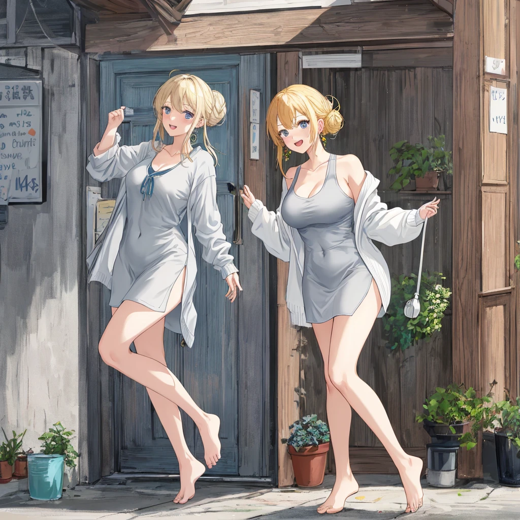 nami, best quality, masterpiece, ultra-detailed, high quality, highres, 1girl, mature female, blonde hair, hair bun, blue eyes, earrings, beautiful, beautiful and perfect face, smile, open mouth, looking at viewer, (tight grey dress tank top, cardigan), large breasts, navel, large ass, curvy body, POV, close shot, from the front, full body, feet, standing, leaning forward, in home, open the door