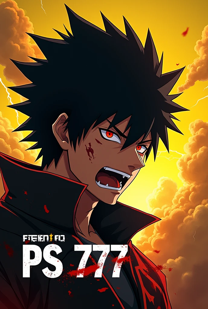 Give me a THRILLING banner for my Gaming Channel for YouTube , I can do Free Fire Gaming in that channel so make sure that is a Free fire Gaming channel. And My Channel name is PS 777 FF , Use the font bold , use the colours , yellow , orange , background is cloudy, thunder stroms, Sasuke head with bloody face