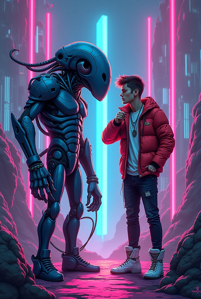 Can you draw "The Qu from All Tomorrows" and "Boyfriend from Friday night funkin" rap battle with Phantom arcade art style
