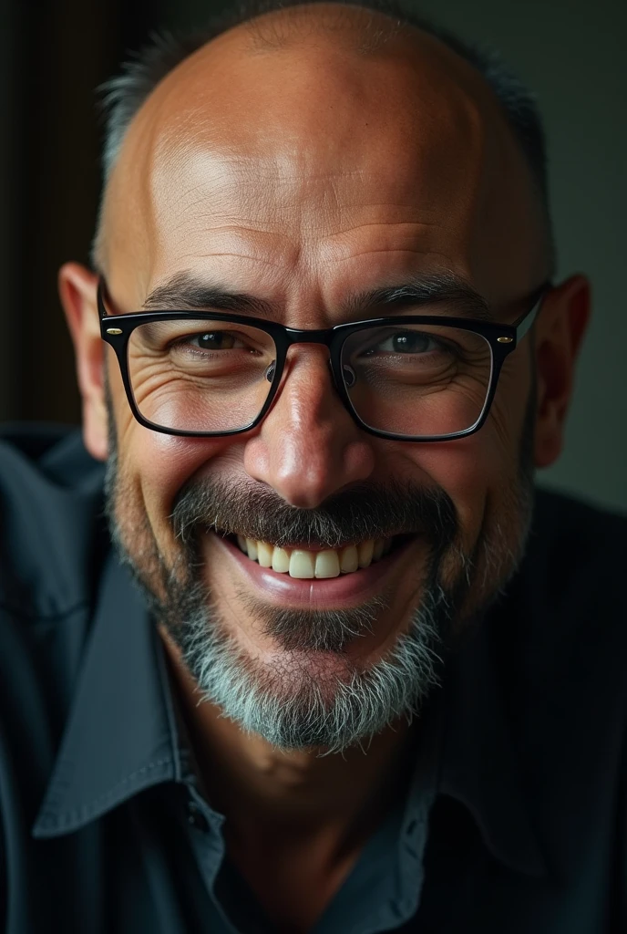 A bald, smiling man with a goatee, wearing small glasses, intricate details, hyper realistic, cinematic lighting, dramatic colors, 8k, sharp focus, masterpiece