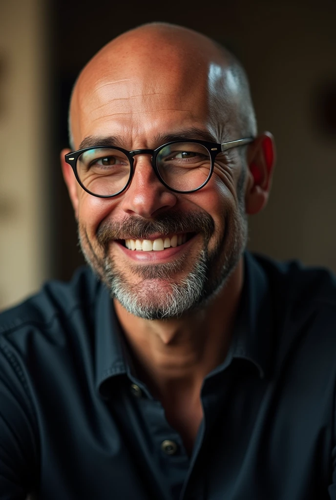 A bald, smiling man with a goatee, wearing small glasses, intricate details, hyper realistic, cinematic lighting, dramatic colors, 8k, sharp focus, masterpiece