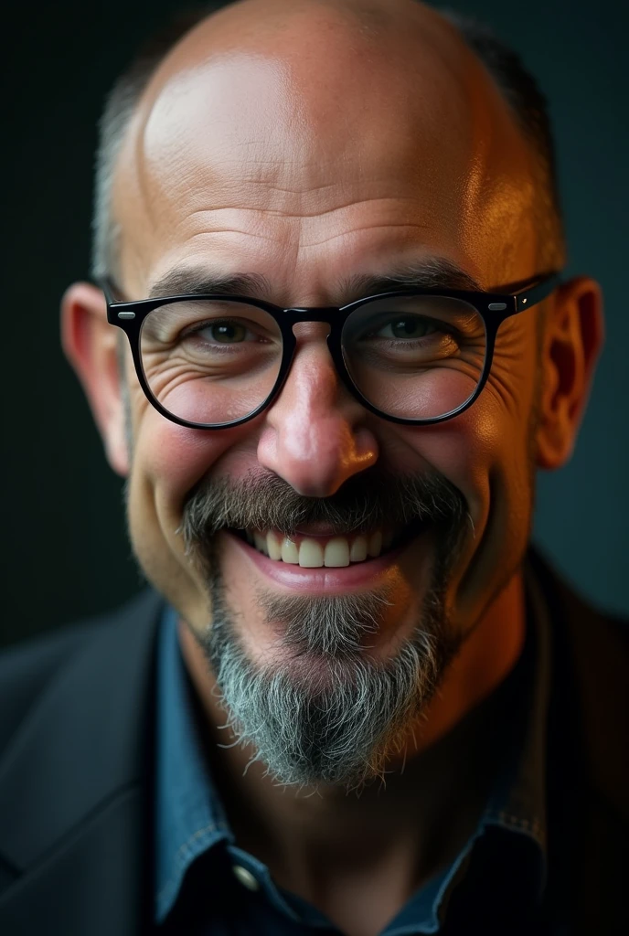 A bald, smiling man with a goatee, wearing small glasses, intricate details, hyper realistic, cinematic lighting, dramatic colors, 8k, sharp focus, masterpiece