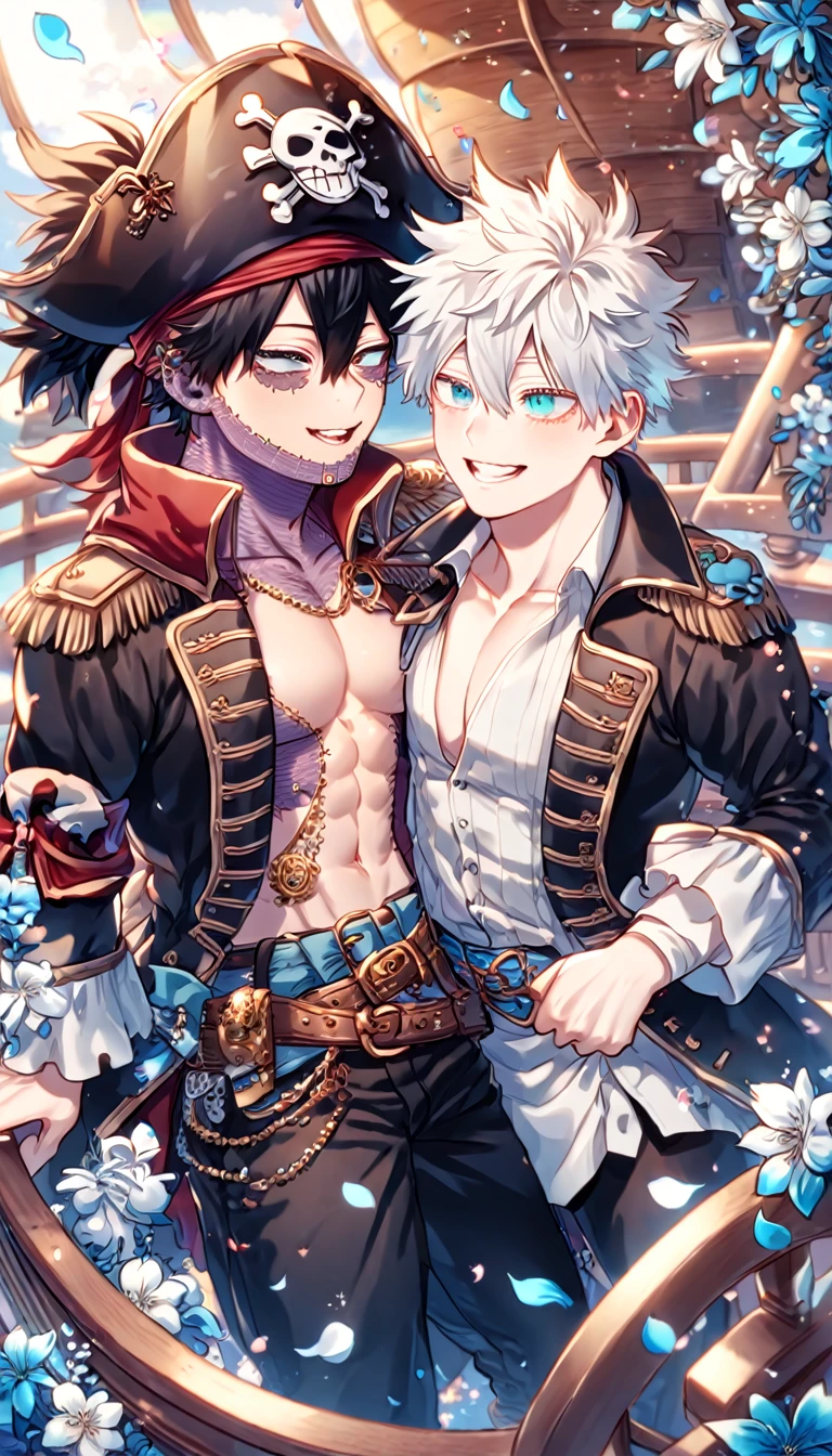 absurdres, highres, ultra detailed, HDR, master piece, best quality, extremely detailed face, delicated features, Dabi, black hair, expressive turquoise eyes, Boku No Hero Academia, Gojou Satoru, white hair, expressive blue eyes, white eyelashes, two sexy men together, yaoi, gay couple, handsome, manly man, pirate clothes, pirate hat, pirates, accessories, fantasy, magical, inside a pirate ship, petals, flowers