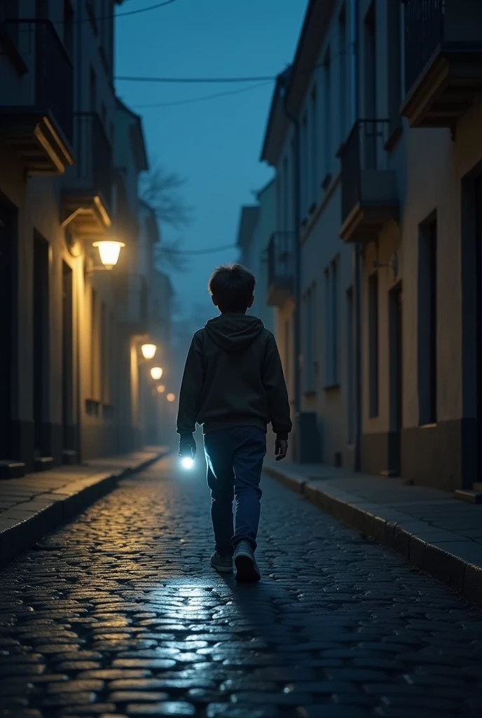An empty cobbled street. Spotlight, A young man named Lucas, about 16 years old, He walks with a flashlight in his hand, looking nervously around)