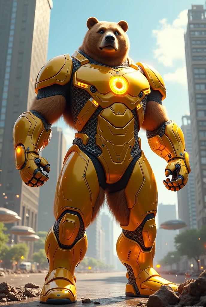 Sci-fi superhero of a bear in a golden suit