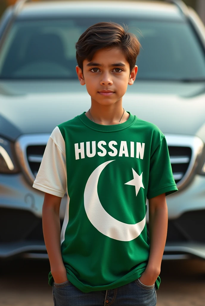 A 16 year old boy standing in front of car and wearing Pakistan national flag shirt on which name "HUSSAIN "is printed