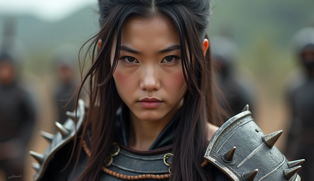 (((woman))), (((best quality))), (((Japanese ))), (((AS Adult))), A beautiful asian samurai warrior woman with perfect body, on the battlefield, Modern samurai, (((Asian))), Wear gloves on her hands，The left arm is made of steel and metal spikes，Made of protective devices, Urban wilderness，For high-resolution posters, straight hair, sexy leather full armor, Full of spikes and rivets, tribal tattoos, straight brunette hair，Colorful hair spikes, high-definition, close-up 10&#39; away
