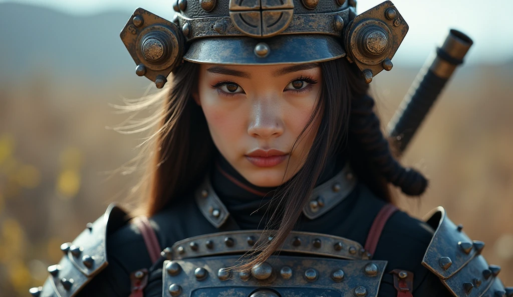 (((woman))), (((best quality))), (((Japanese ))), (((AS Adult))), A beautiful asian samurai warrior woman with perfect body, on the battlefield, Modern samurai, (((Asian))), Wear gloves on her hands,The left arm is made of steel and metal spikes,Made of protective devices, Urban wilderness,For high-resolution posters, straight hair, sexy leather full armor, Full of spikes and rivets, tribal tattoos, straight brunette hair,Colorful hair spikes, high-definition, close-up 10' away