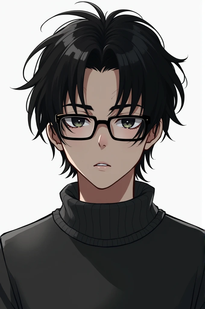 (Top Quality, Masterpiece: 1.2), (Man), Boy, Alone, Shoulder-length Hair, Single Background, White Background, Sweater, Black Eyes, Glasses, Upper Body, Black Hair