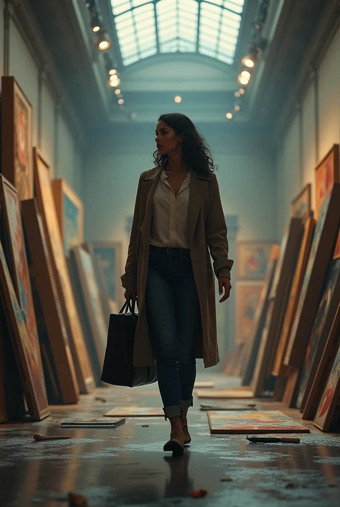 Maya arriving at the museum and discovering tampering with her works 