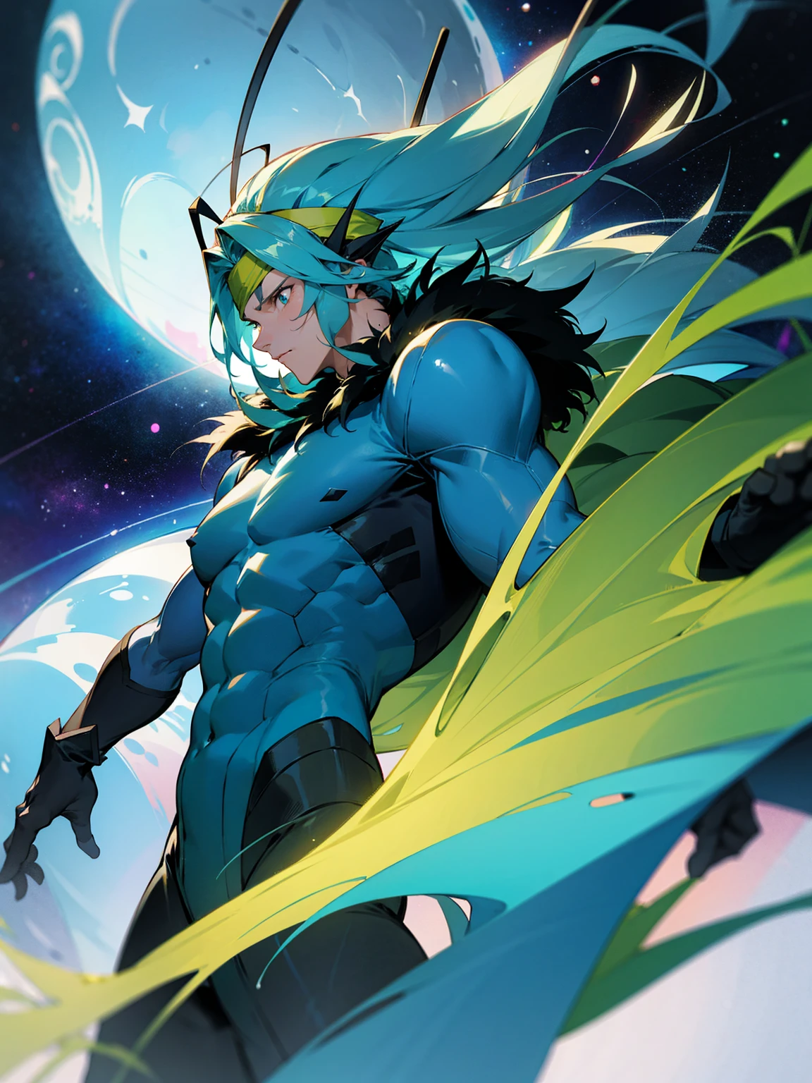 1male, green skin, antennae, long blue hair, headband, super suit, oversized fur coat, serious, muscular, four arms, space ship