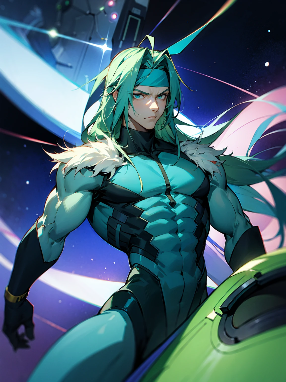 1male, green skin, antennae, long blue hair, headband, super suit, oversized fur coat, serious, muscular, four arms, space ship