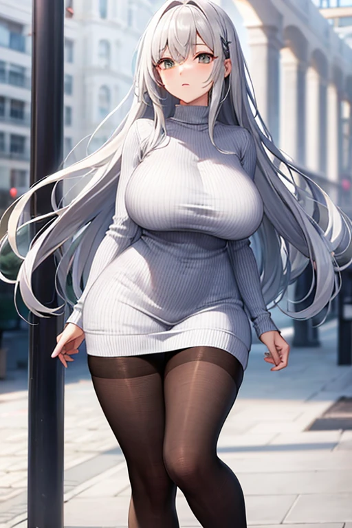 Big Breasts Vertical knitwear Black Pantyhose Silver Hair long hair High resolution masterpiece Highest quality