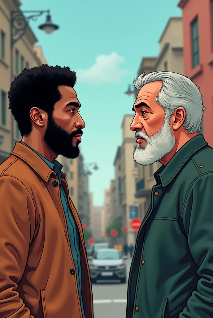 Two men talking about a serious matter, a black man and a Portuguese man, style cartoon