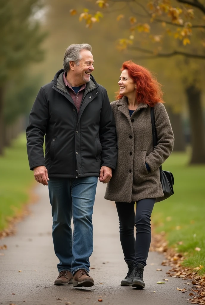 the same redhead woman , But now walking on a path next to a laughing black-haired man. They must look older