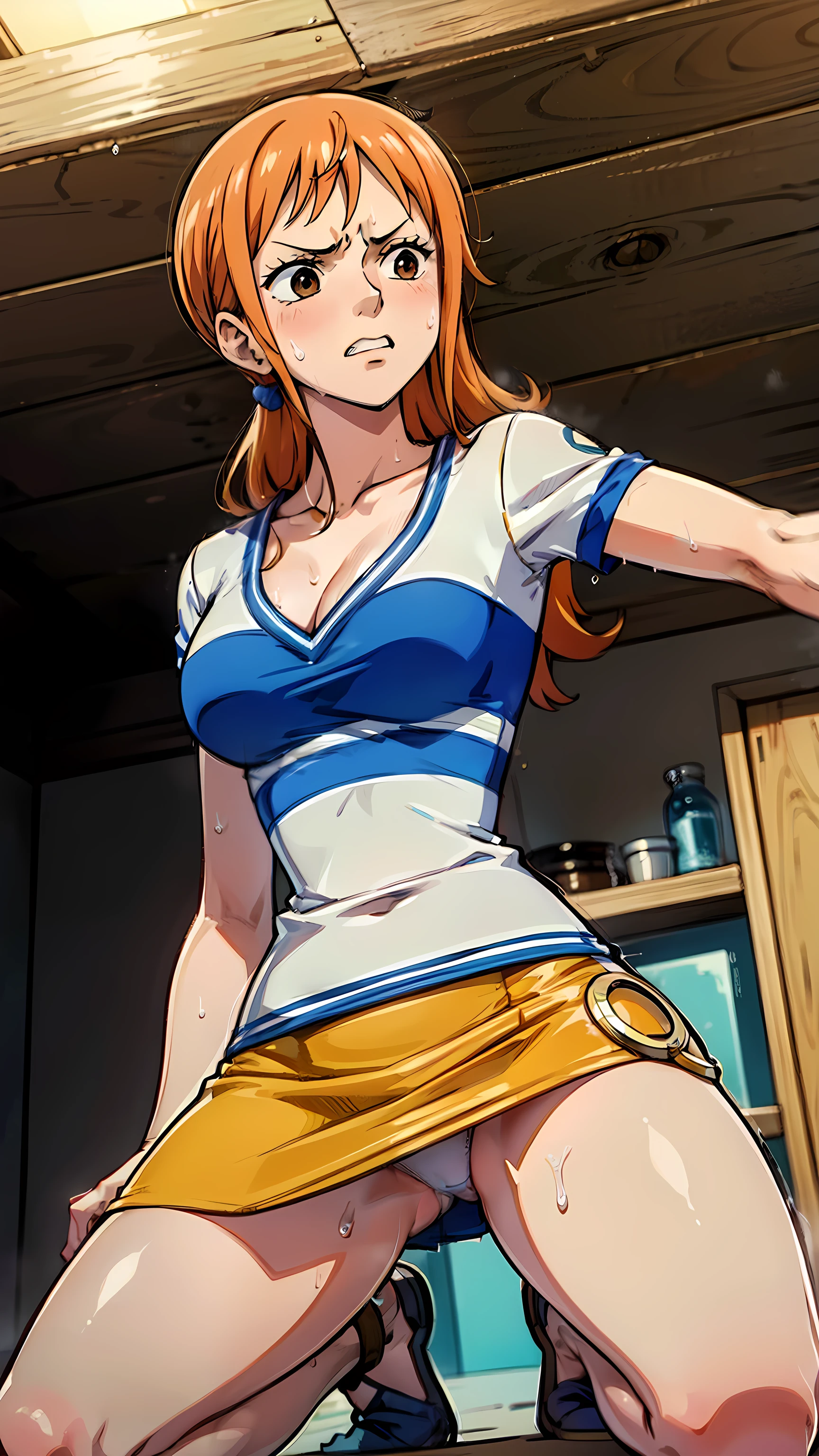 {{standing on one knee:1.8}},{{knee up:1.6}},{{kneel down on one knee}},{{on one knee}},{{Animated images of theatrical animation quality}},NSFW,white panties,Dynamic composition,dutch angle,from below,small face (of a woman),{{{masterpiece}}, {{{Highest quality}}},{{Very detailed}},{{1girl,30years old,{Mature Woman}},{{tall}},{{Adult female}},sharp look,{{Fighting stance}},{{nami (one piece),long hair, orange hair, brown eyes, cleavage, striped shirt, white shirt, short sleeves, bracelet, miniskirt, yellow skirt}},{fighting stance}},{Beautiful thighs},{}, ,{{}},{{}},,{{blushing with anger}},{{}},,{{}},{{}},,Slender body}}{{Avoidance}}{Wrinkles ,amount,Grit your teeth,suffering,v-shaped eyebrows.,Sweat dripping,Medium chest ,get annoyed,,Slums,,Twisting