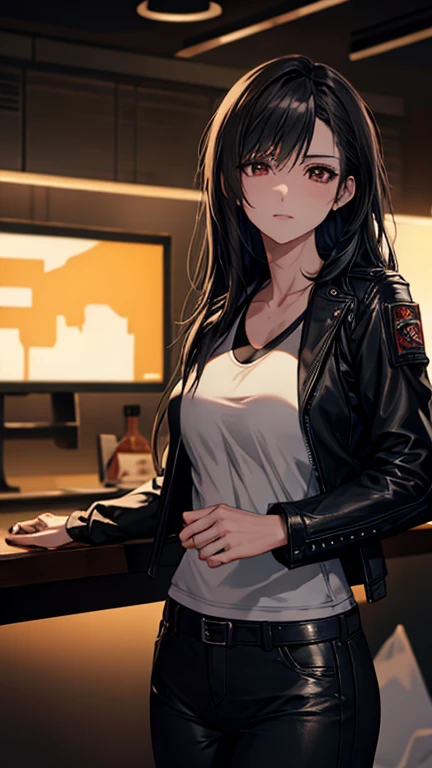 best quality, high quality, ultra quality, 8k, masterpiece, detailed, extremely detailed, insanely detailed, ultra detailed, ultra highres ,exquisite,
lifelike Images,cinematic experience,UHD picture,Realistic,photorealistic,hyperrealistic,vivid,RAW photo,shot by DSLR, One girl, (black leather jacket:1.3), white tank top, black leather pants, cyberpunk city