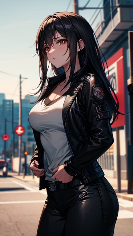 best quality, high quality, ultra quality, 8k, masterpiece, detailed, extremely detailed, insanely detailed, ultra detailed, ultra highres ,exquisite,
lifelike Images,cinematic experience,UHD picture,Realistic,photorealistic,hyperrealistic,vivid,RAW photo,shot by DSLR, One girl, (black leather jacket:1.3), white tank top, black leather pants, cyberpunk city