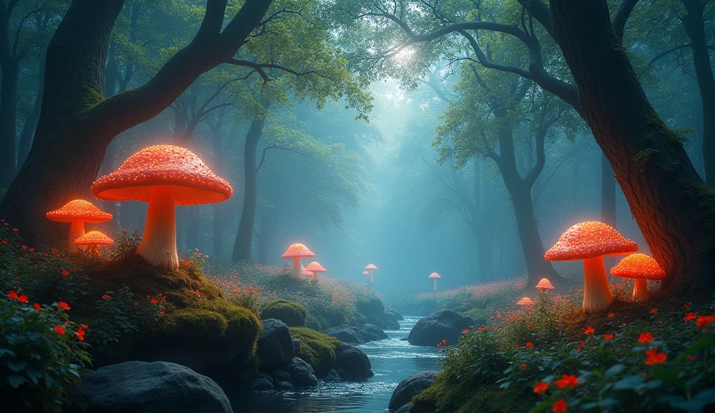 Enchanted Forest 7，Magical creatures，（glowing mushrooms），sparkling waterfalls，fantasy，Leonora Carrington，a fantasy forest，Hazy perspective，sunlight filtering through the trees，（Glowing sika deer），Rich in color，distribution，light and shadow effect，k hd，tmasterpiece，Detailed details，depth of fields 32K UHD