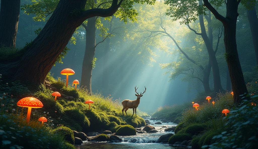 Enchanted Forest 7，Magical creatures，（glowing mushrooms），sparkling waterfalls，fantasy，Leonora Carrington，a fantasy forest，Hazy perspective，sunlight filtering through the trees，（Glowing sika deer），Rich in color，distribution，light and shadow effect，k hd，tmasterpiece，Detailed details，depth of fields 32K UHD